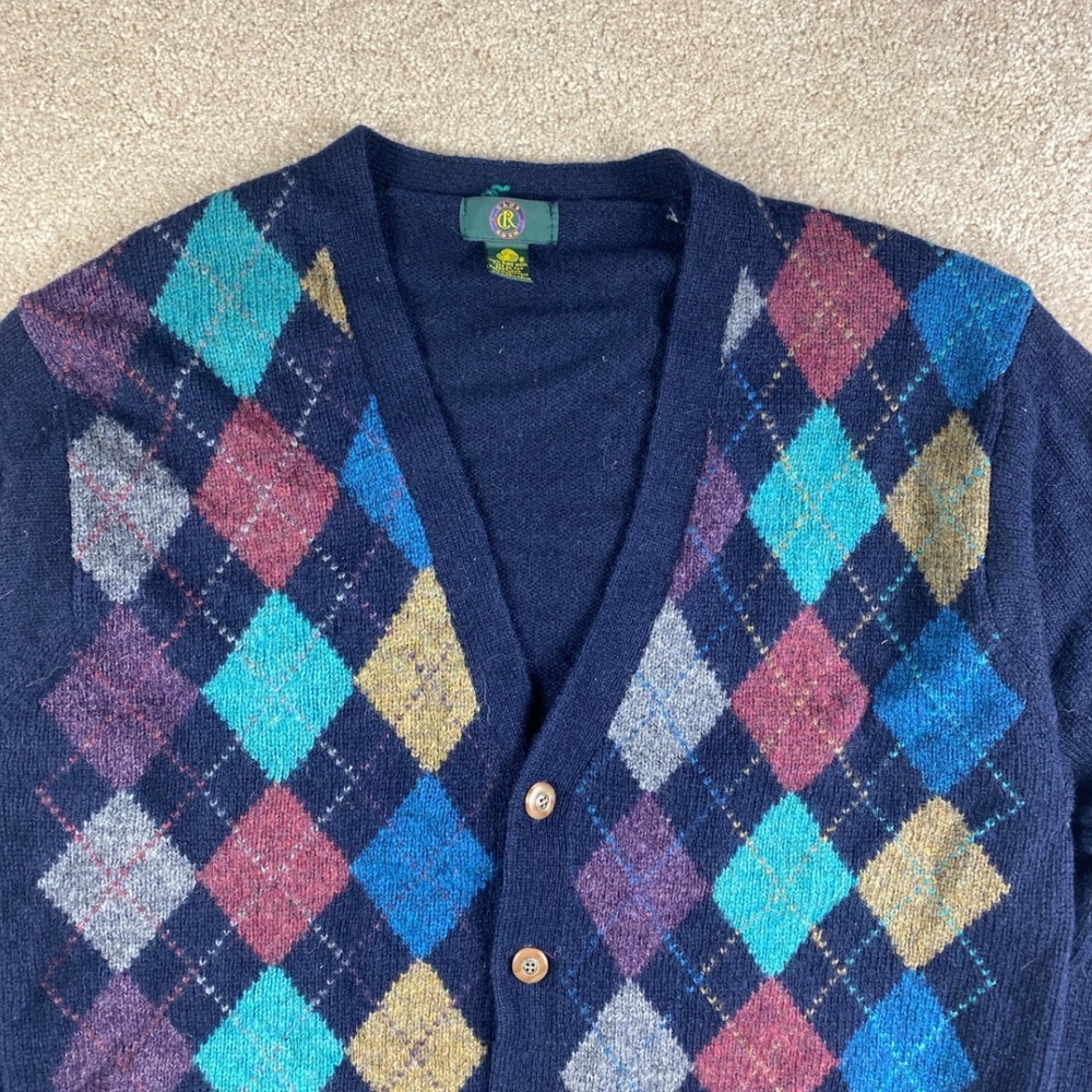 90s Club Room Navy Blue Argyle‎ V-Neck Cardigan 100% Pure Shetland Wool Size M